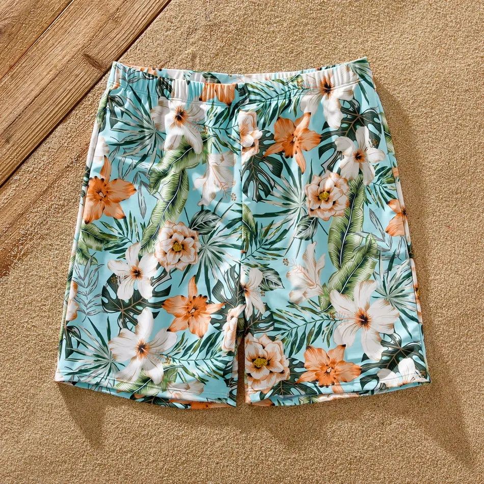 Family Matching Swimsuit Floral Leaf Swim Trunks One Piece Swimsuit