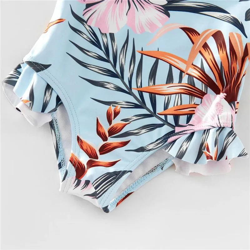 Family Matching Swimsuit Floral Leaf Swim Trunks One Piece Swimsuit