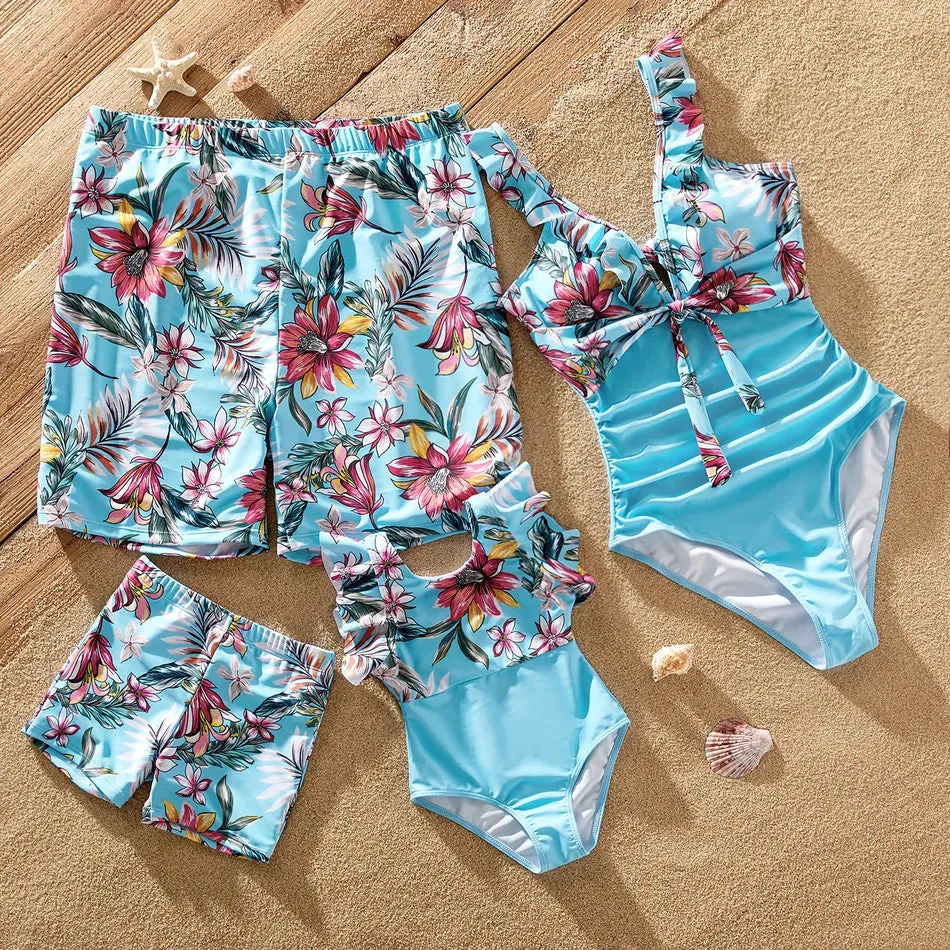 Family Matching Swimsuit Floral Leaf Swim Trunks One Piece Swimsuit