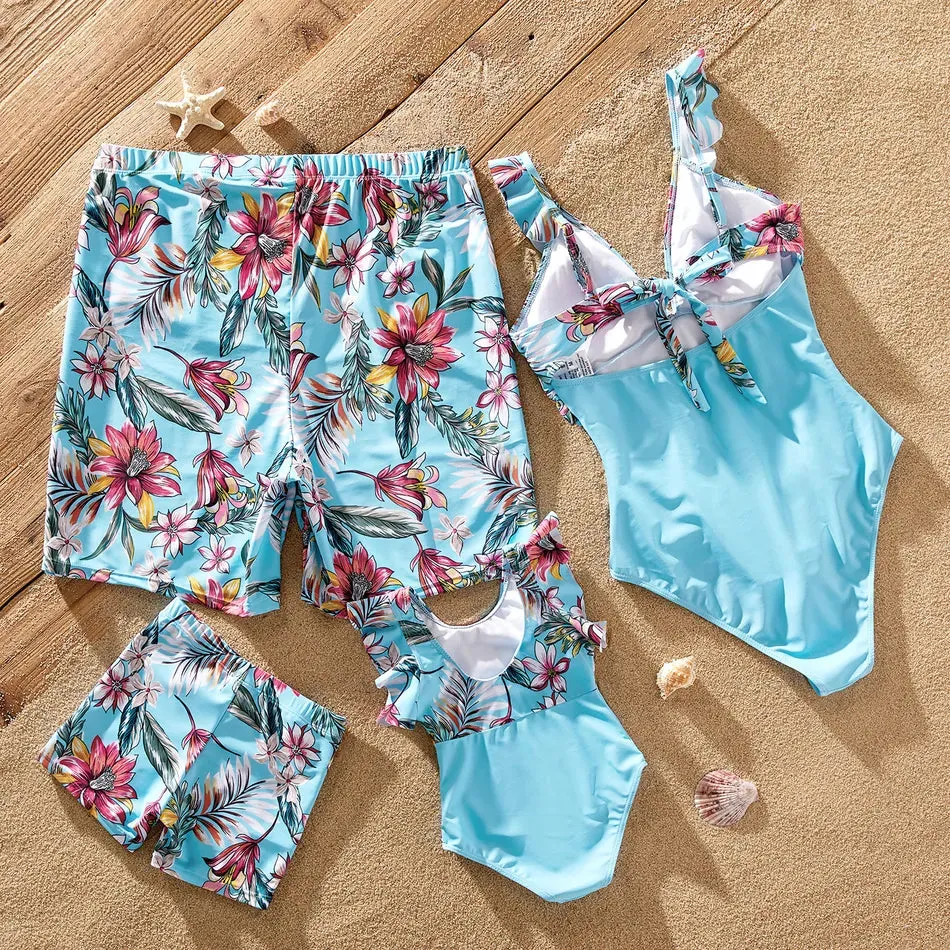 Family Matching Swimsuit Floral Leaf Swim Trunks One Piece Swimsuit