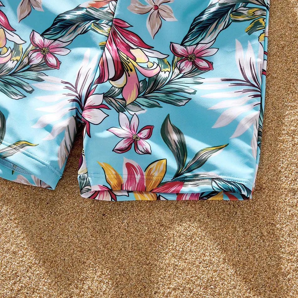 Family Matching Swimsuit Floral Leaf Swim Trunks One Piece Swimsuit