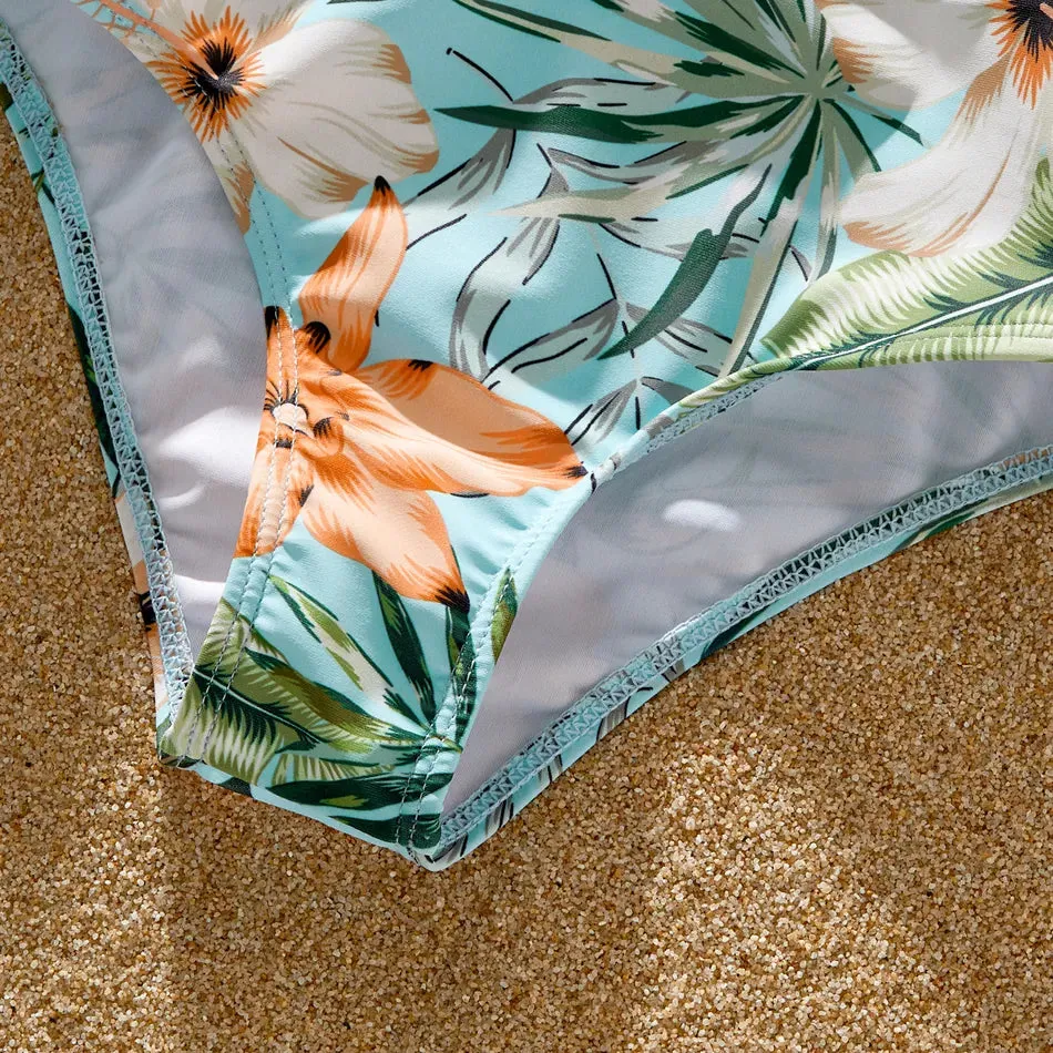 Family Matching Swimsuit Floral Leaf Swim Trunks One Piece Swimsuit