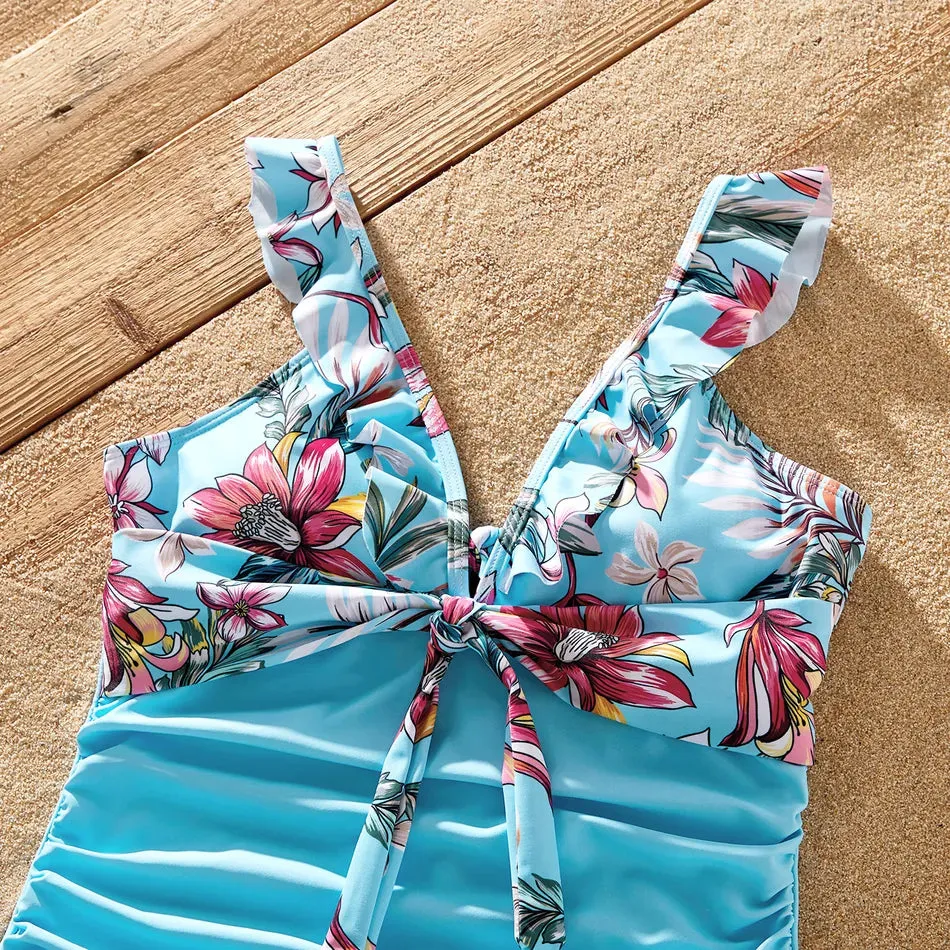 Family Matching Swimsuit Floral Leaf Swim Trunks One Piece Swimsuit