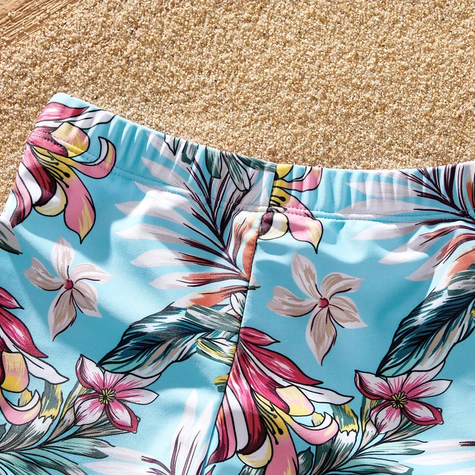 Family Matching Swimsuit Floral Leaf Swim Trunks One Piece Swimsuit