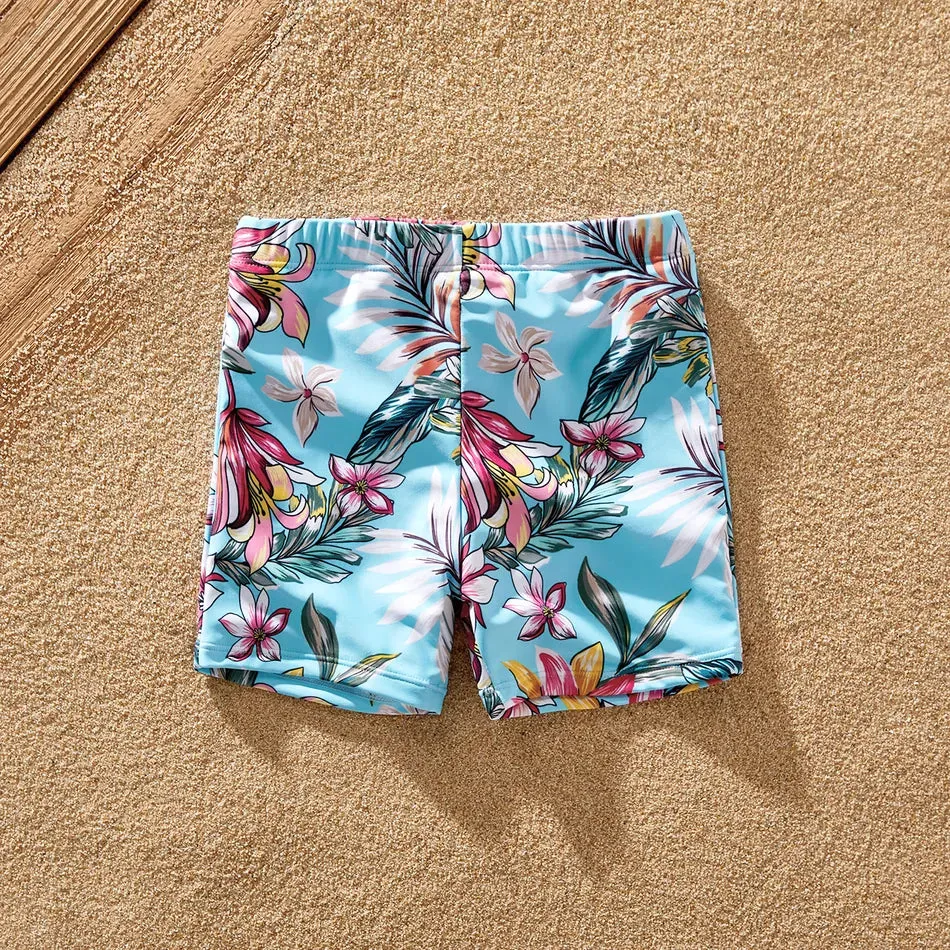 Family Matching Swimsuit Floral Leaf Swim Trunks One Piece Swimsuit