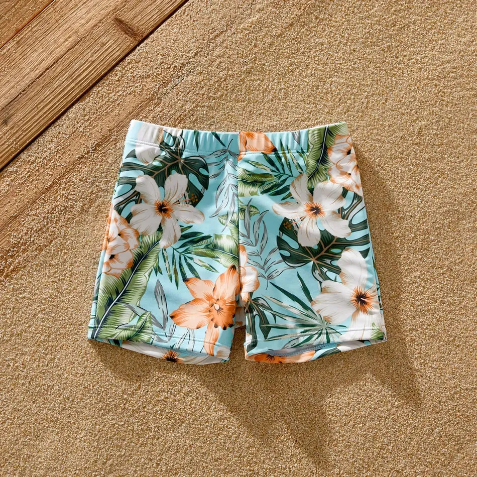 Family Matching Swimsuit Floral Leaf Swim Trunks One Piece Swimsuit