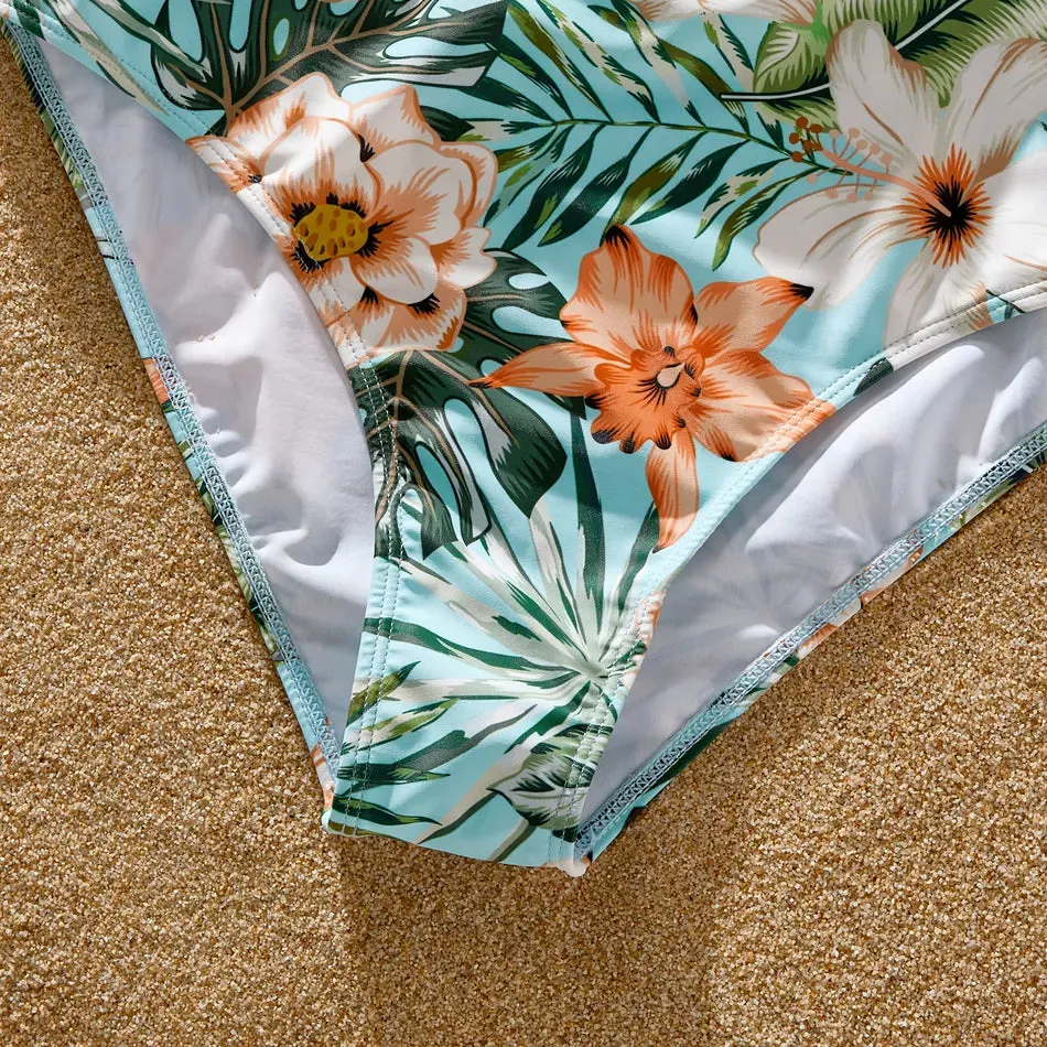 Family Matching Swimsuit Floral Leaf Swim Trunks One Piece Swimsuit