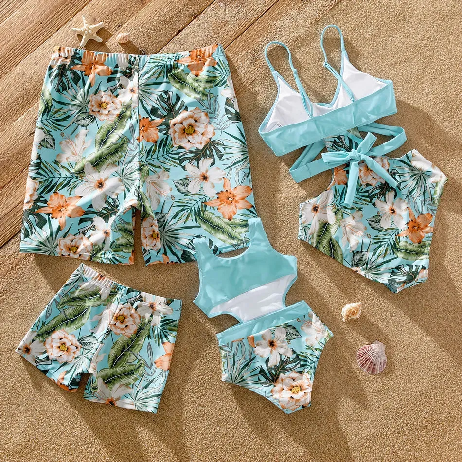 Family Matching Swimsuit Floral Leaf Swim Trunks One Piece Swimsuit