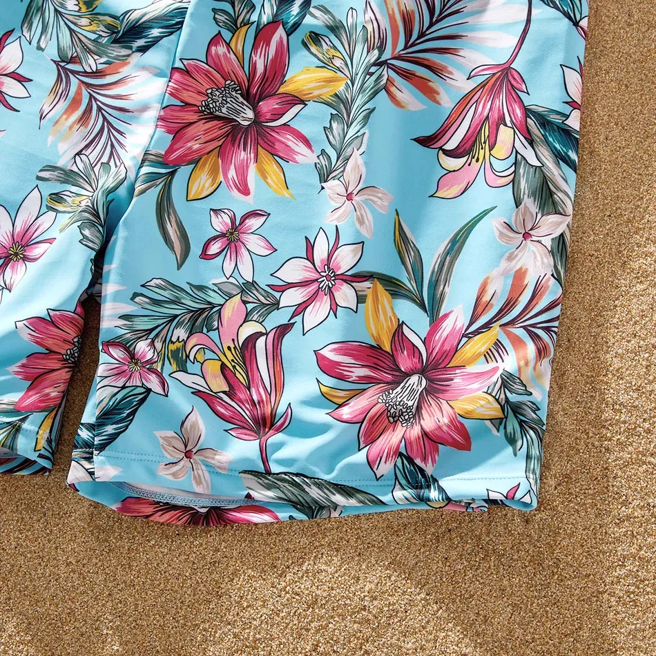 Family Matching Swimsuit Floral Leaf Swim Trunks One Piece Swimsuit