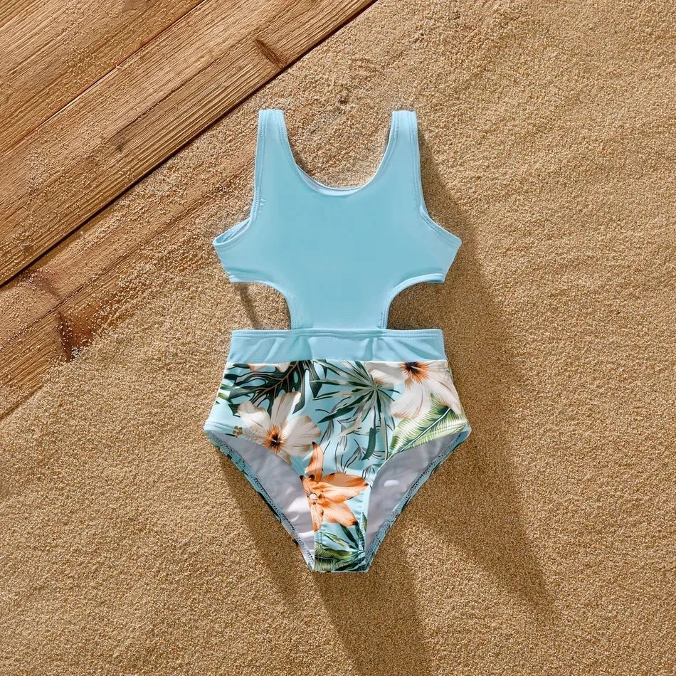 Family Matching Swimsuit Floral Leaf Swim Trunks One Piece Swimsuit
