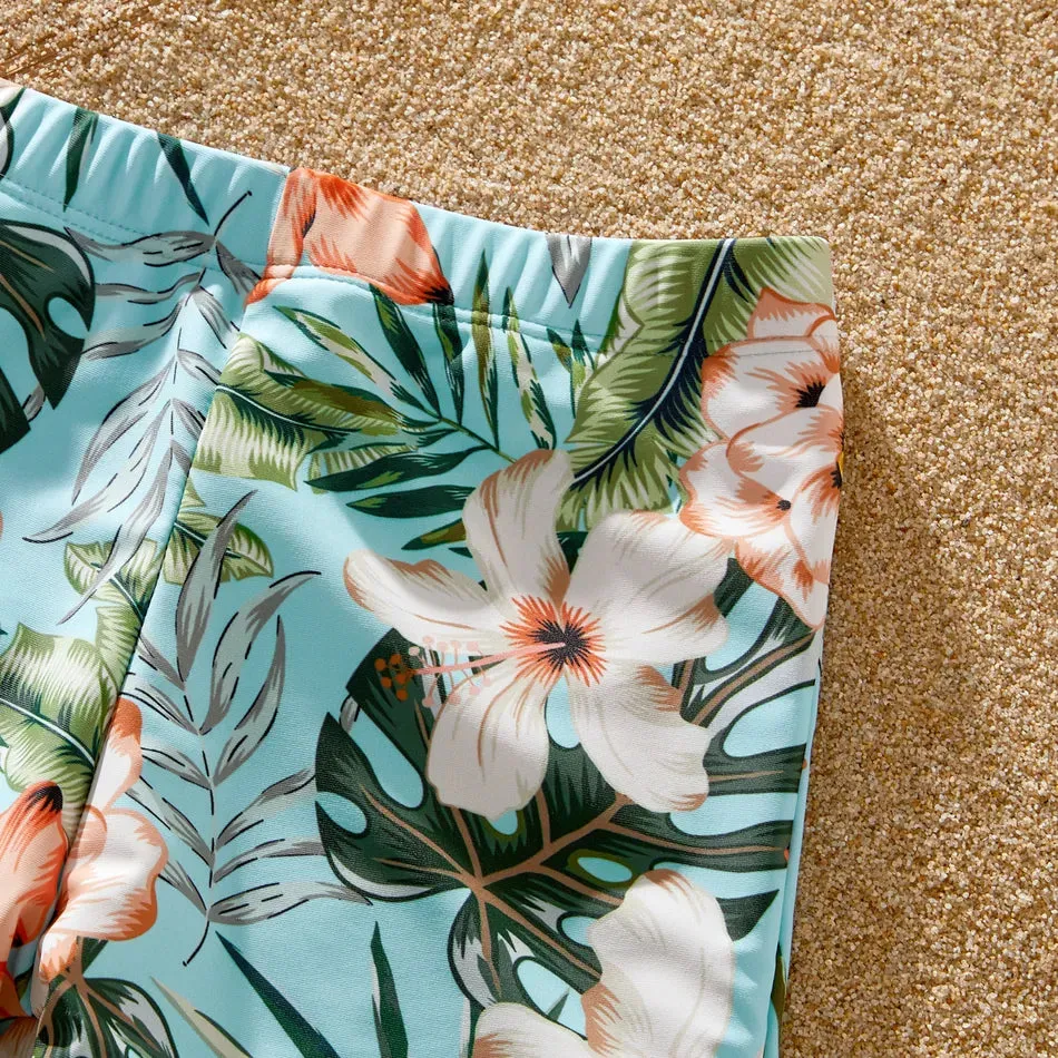 Family Matching Swimsuit Floral Leaf Swim Trunks One Piece Swimsuit