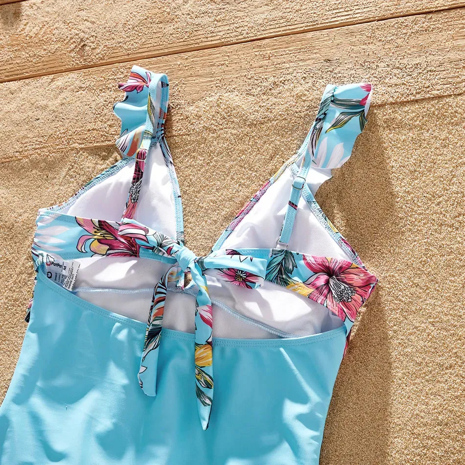 Family Matching Swimsuit Floral Leaf Swim Trunks One Piece Swimsuit