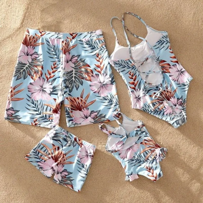 Family Matching Swimsuit Floral Leaf Swim Trunks One Piece Swimsuit
