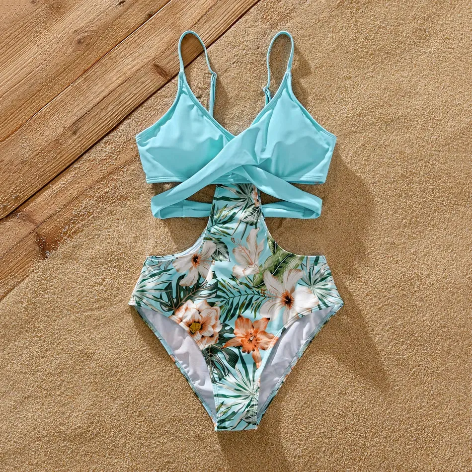 Family Matching Swimsuit Floral Leaf Swim Trunks One Piece Swimsuit