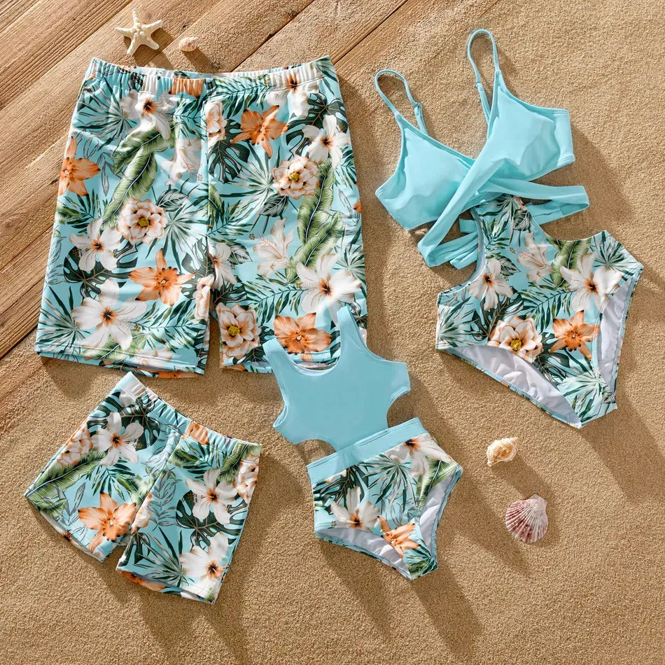 Family Matching Swimsuit Floral Leaf Swim Trunks One Piece Swimsuit