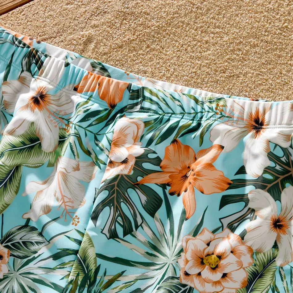 Family Matching Swimsuit Floral Leaf Swim Trunks One Piece Swimsuit