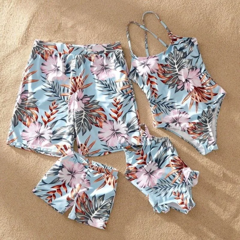 Family Matching Swimsuit Floral Leaf Swim Trunks One Piece Swimsuit