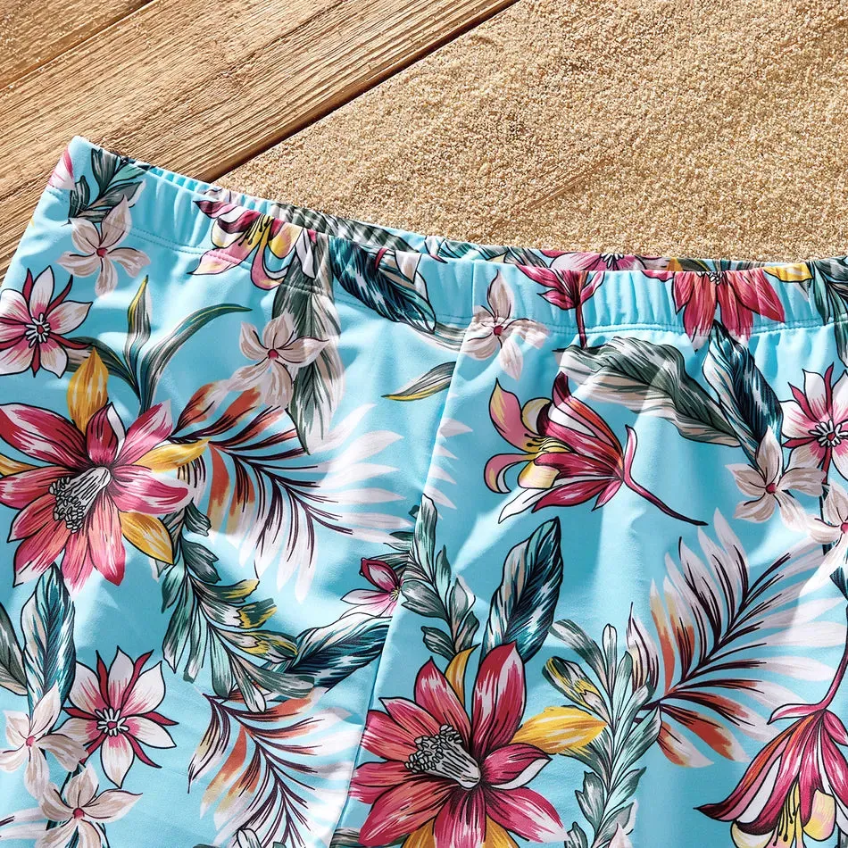 Family Matching Swimsuit Floral Leaf Swim Trunks One Piece Swimsuit
