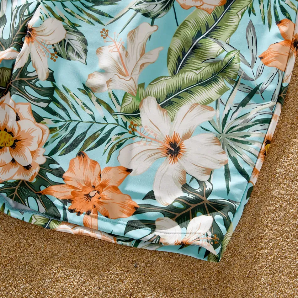Family Matching Swimsuit Floral Leaf Swim Trunks One Piece Swimsuit