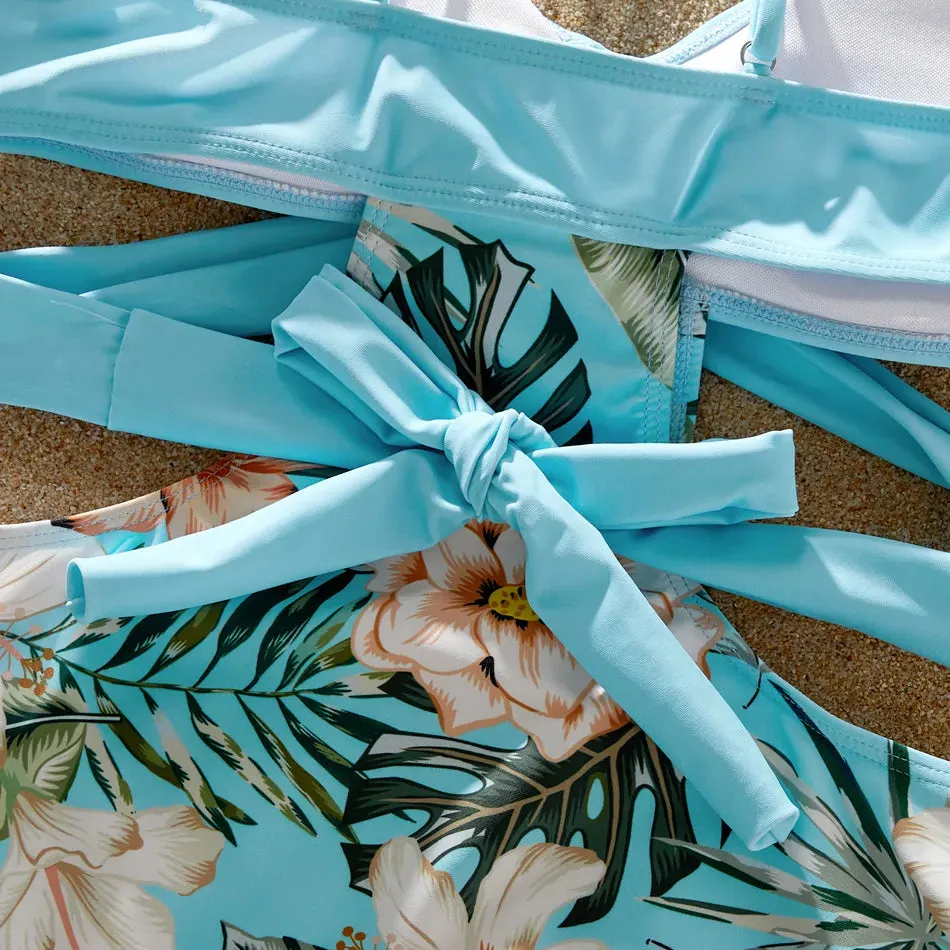 Family Matching Swimsuit Floral Leaf Swim Trunks One Piece Swimsuit