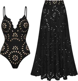 FLAXMAKER Women's One Piece Bathing Suit Petal Hollow V Neck Swimsuit and Skirt