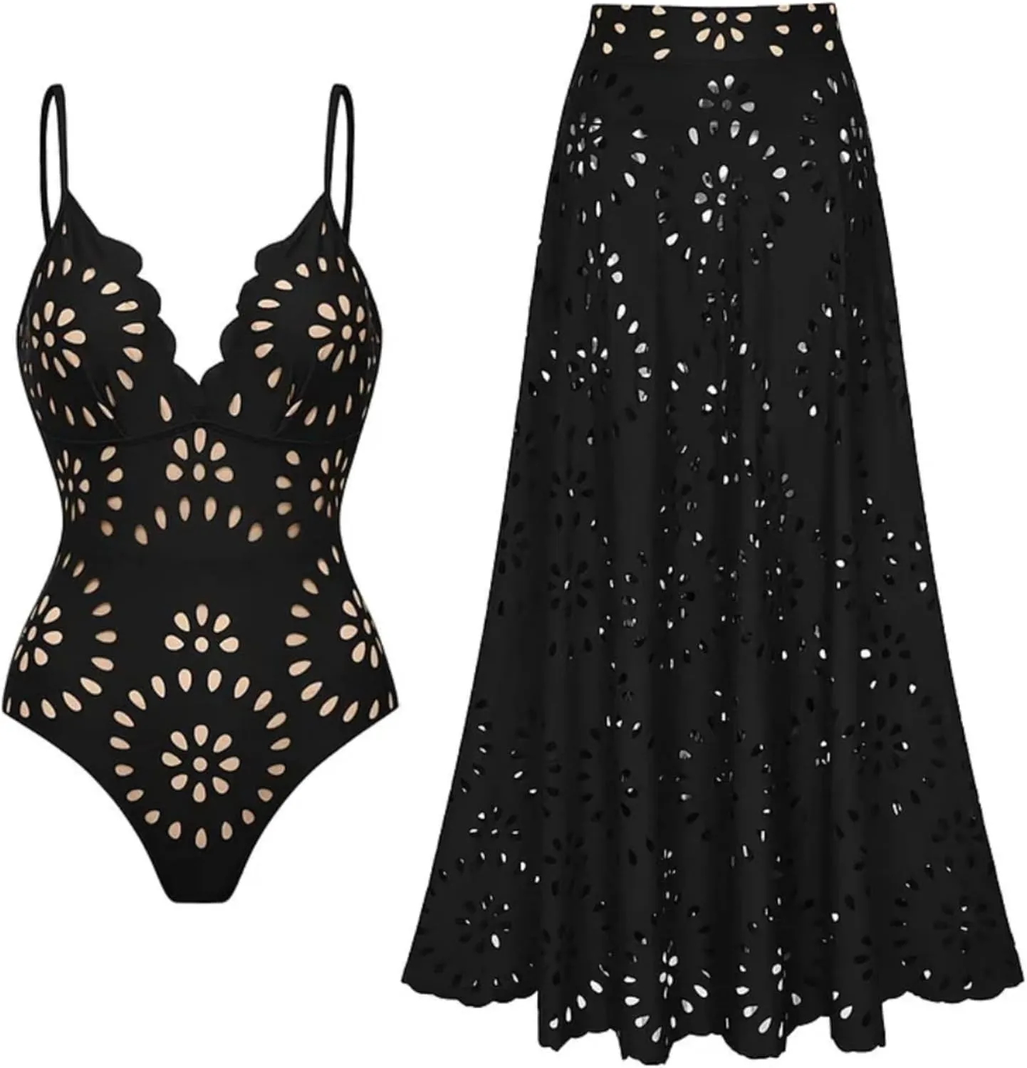 FLAXMAKER Women's One Piece Bathing Suit Petal Hollow V Neck Swimsuit and Skirt