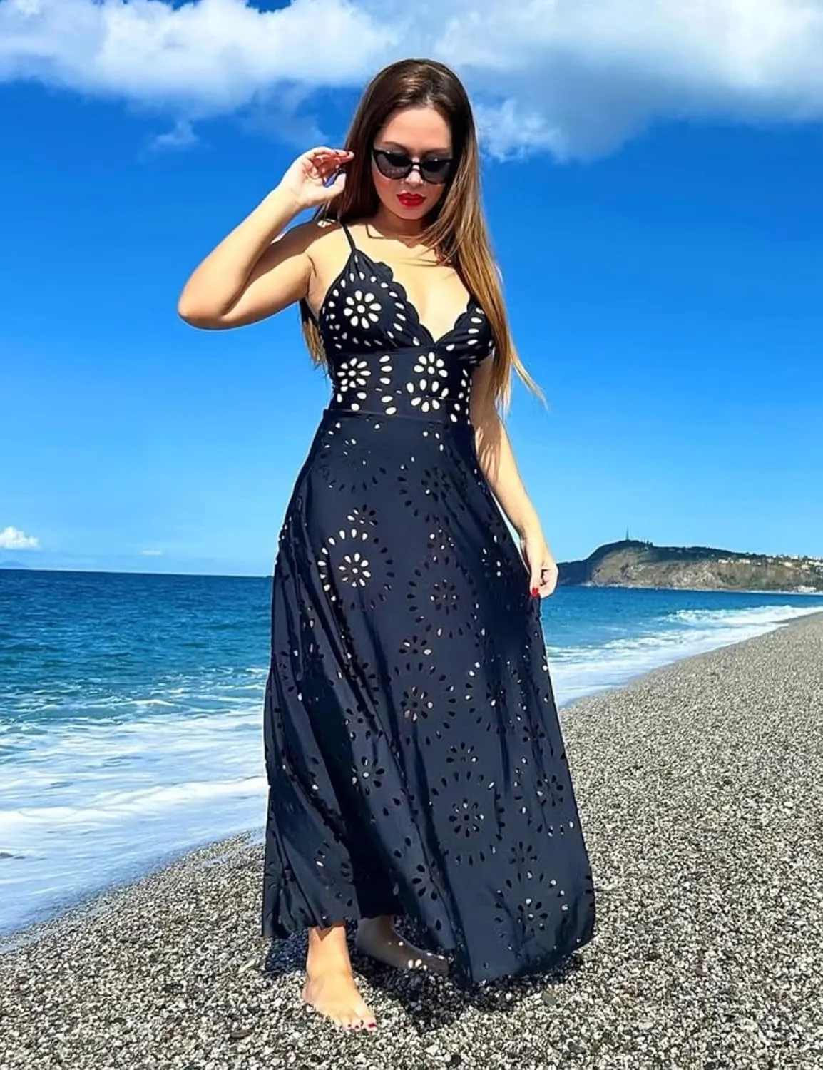 FLAXMAKER Women's One Piece Bathing Suit Petal Hollow V Neck Swimsuit and Skirt