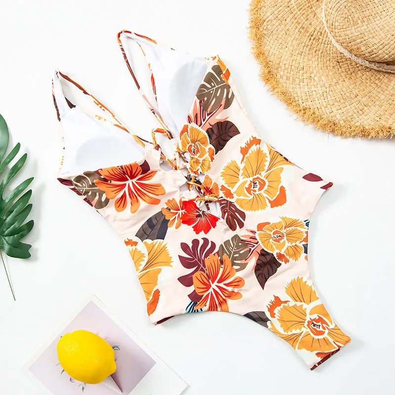 Floral Printed High Thigh One Piece Swimsuit