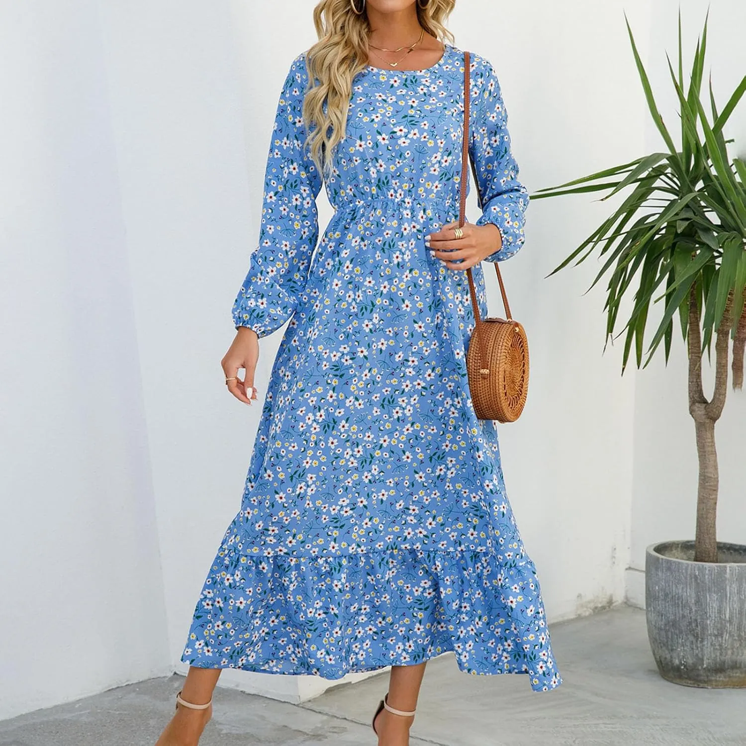 Flowy Dresses for Women Boho Floral Print Puff Long Sleeve Crewneck Maxi Dress Fall Elegant Aline HOCO Dresses 2024