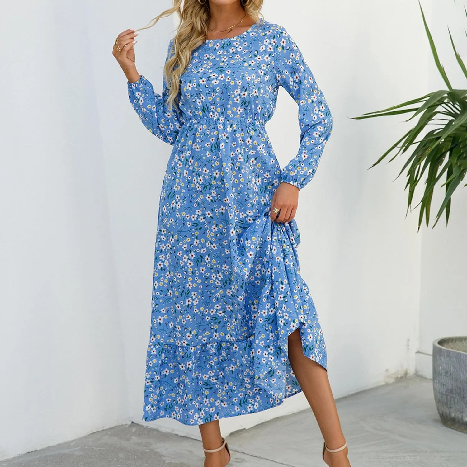 Flowy Dresses for Women Boho Floral Print Puff Long Sleeve Crewneck Maxi Dress Fall Elegant Aline HOCO Dresses 2024