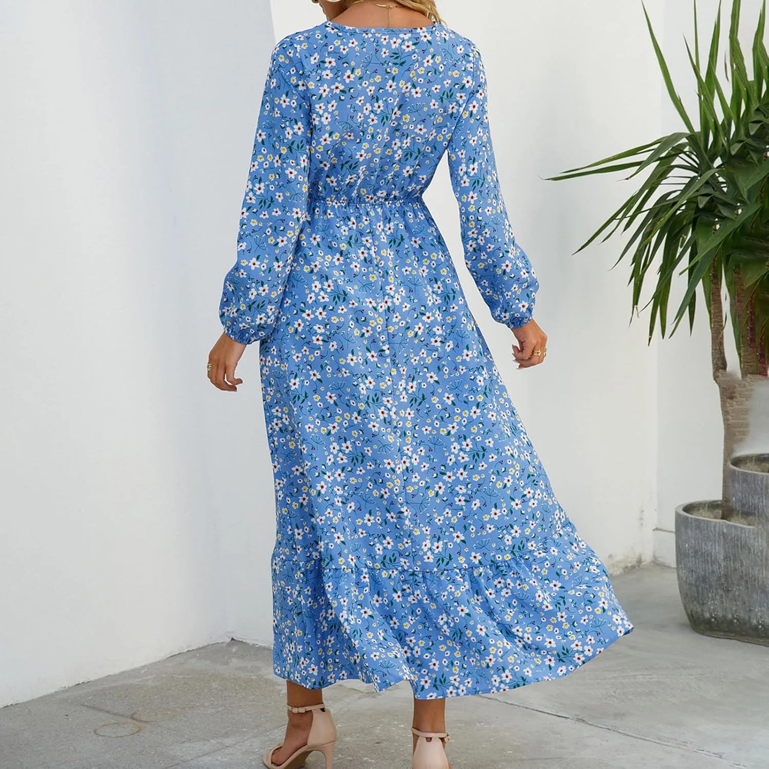 Flowy Dresses for Women Boho Floral Print Puff Long Sleeve Crewneck Maxi Dress Fall Elegant Aline HOCO Dresses 2024