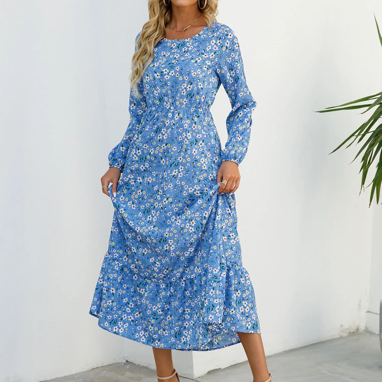 Flowy Dresses for Women Boho Floral Print Puff Long Sleeve Crewneck Maxi Dress Fall Elegant Aline HOCO Dresses 2024