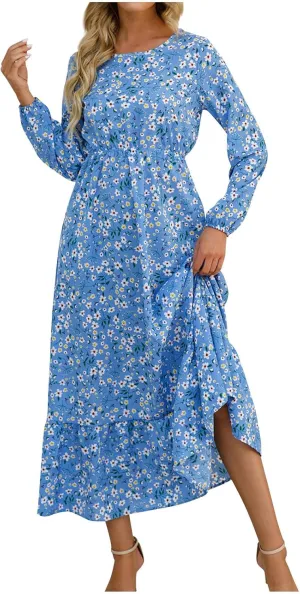 Flowy Dresses for Women Boho Floral Print Puff Long Sleeve Crewneck Maxi Dress Fall Elegant Aline HOCO Dresses 2024