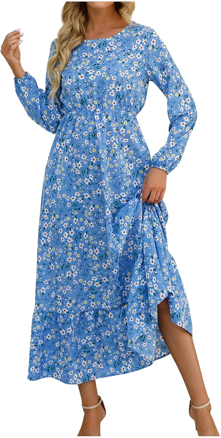Flowy Dresses for Women Boho Floral Print Puff Long Sleeve Crewneck Maxi Dress Fall Elegant Aline HOCO Dresses 2024