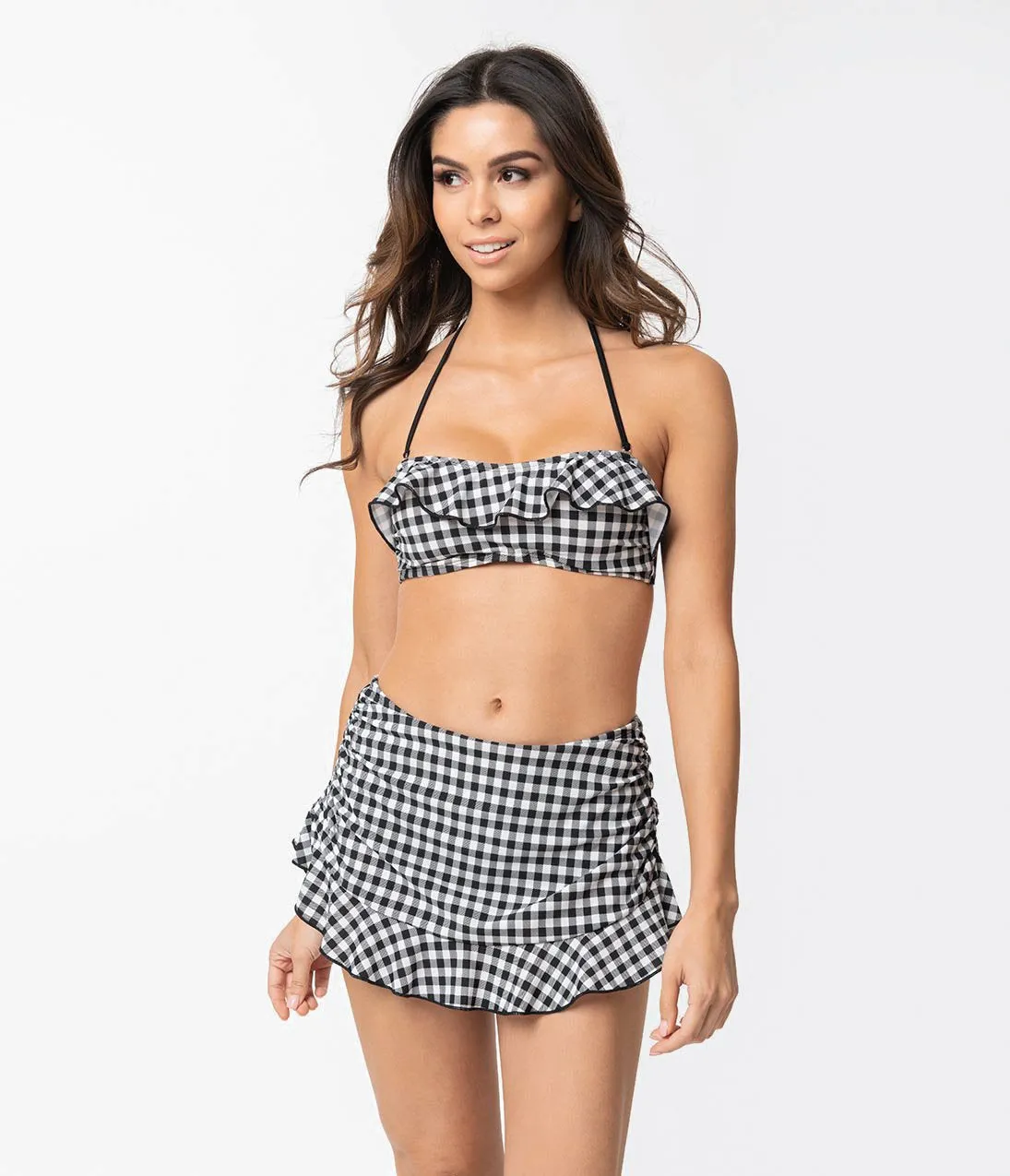 Girl Howdy Retro Style Black & White Gingham Ruffle Bandeau Swim Top