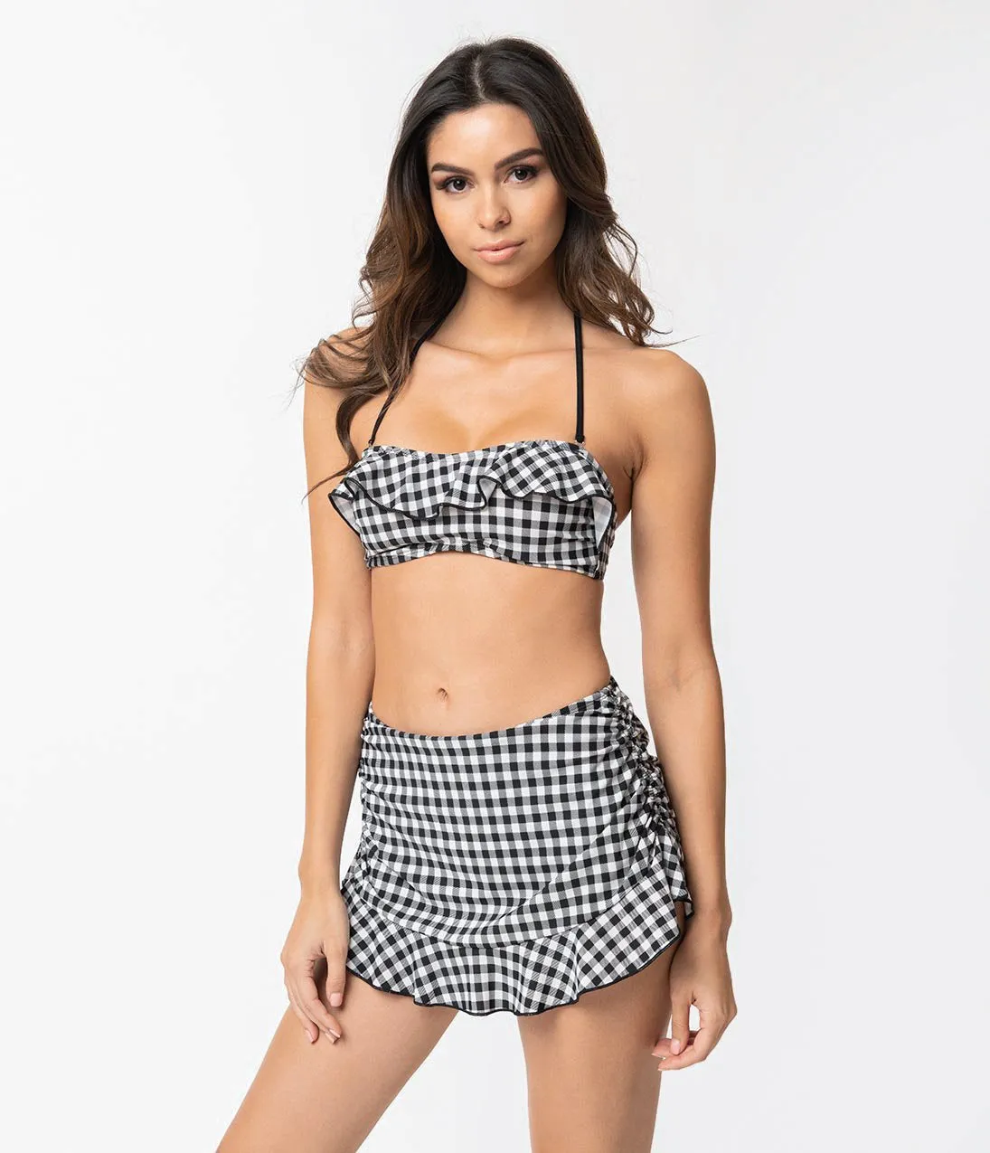 Girl Howdy Retro Style Black & White Gingham Ruffle Bandeau Swim Top