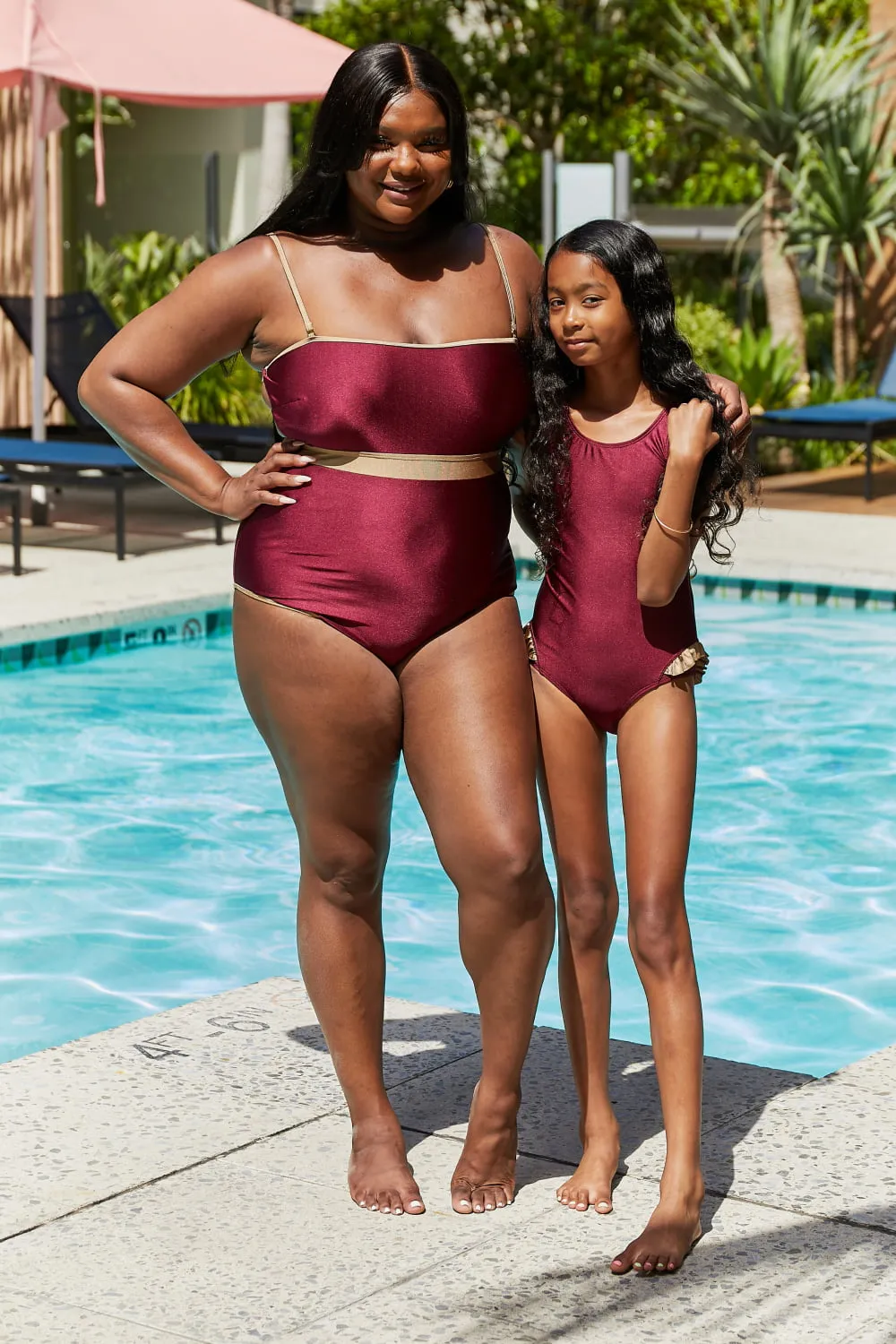 Girls Marina West Swim Wave Break Contrast Trim One-Piece in Wine