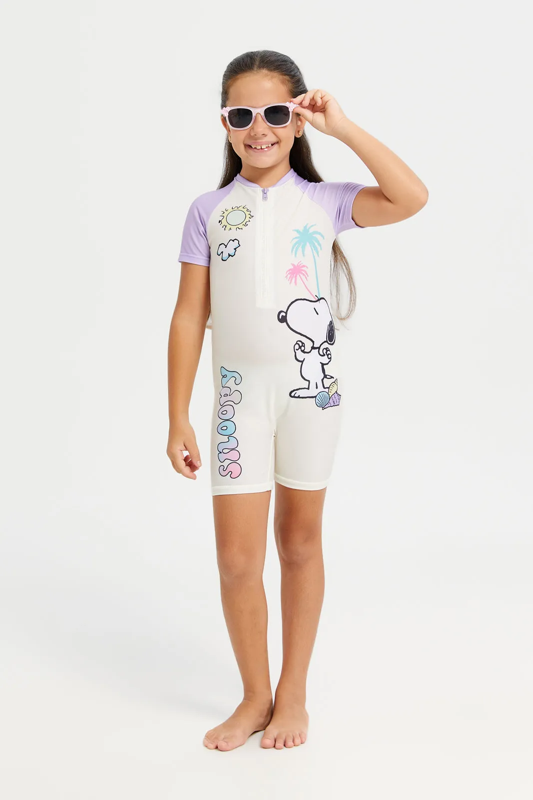 Girls Yellow Snoopy Print Swimsuits