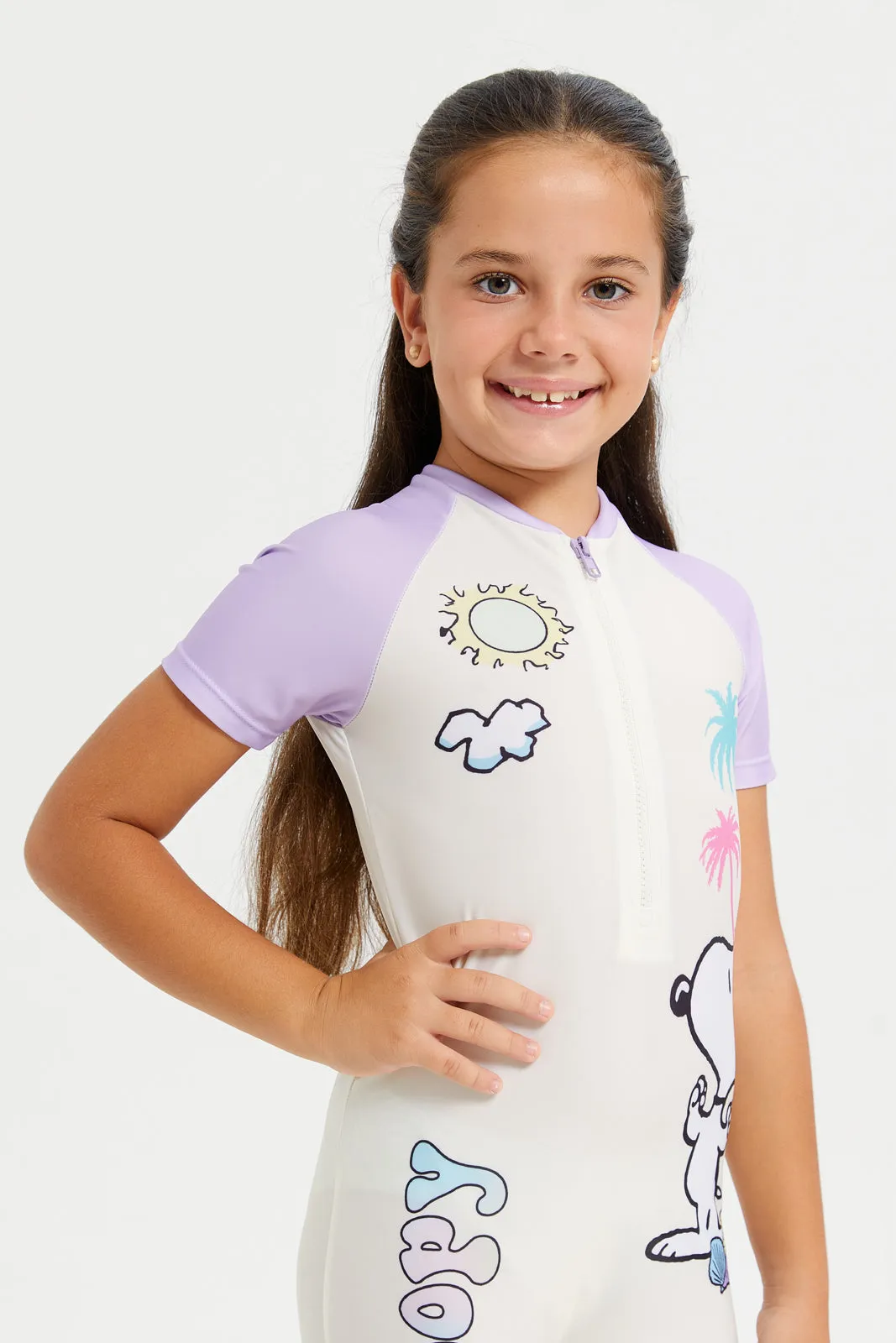 Girls Yellow Snoopy Print Swimsuits