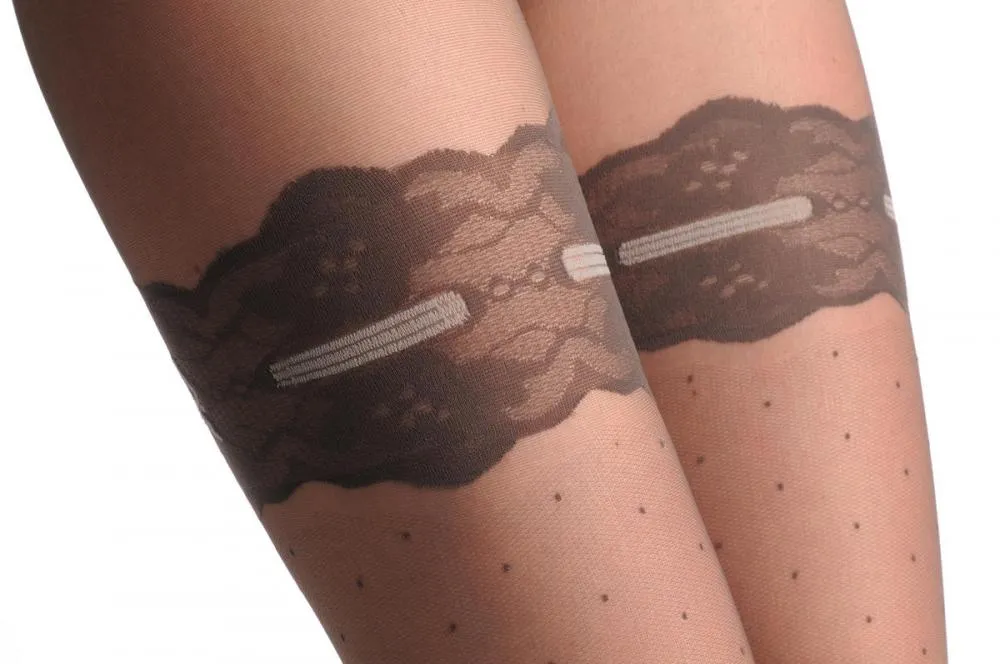 Grey Dotted With Lace Garter And Top & Grey Ribbon With Bow 20 Den