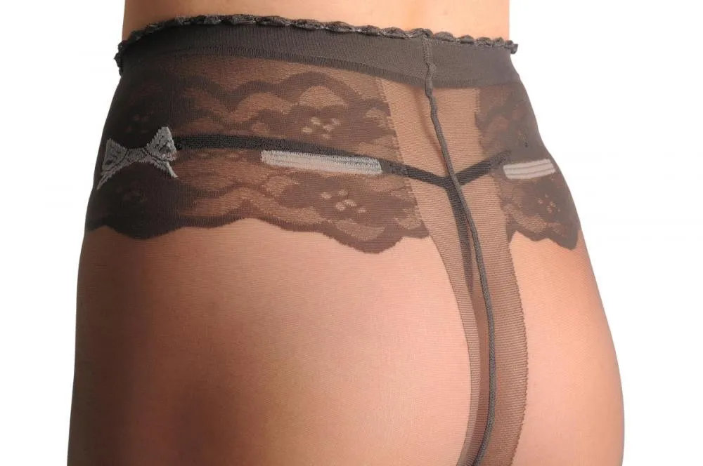 Grey Dotted With Lace Garter And Top & Grey Ribbon With Bow 20 Den