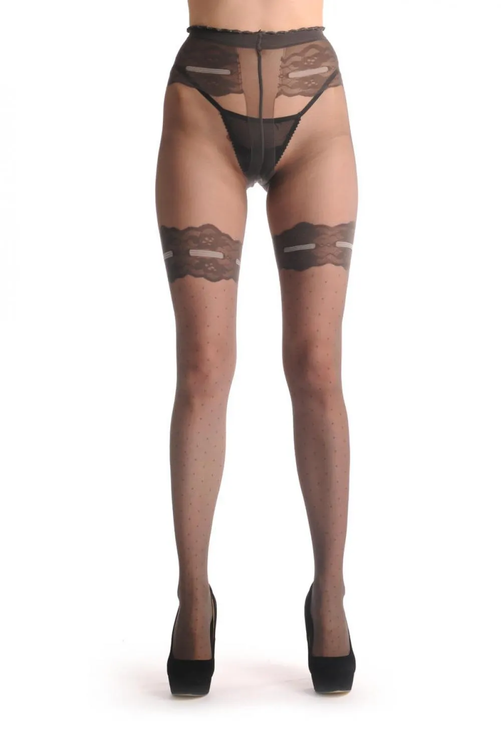 Grey Dotted With Lace Garter And Top & Grey Ribbon With Bow 20 Den