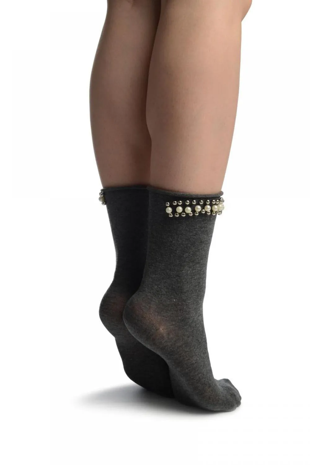 Grey With Pearls and Silver Beads Stripe Ankle High Socks