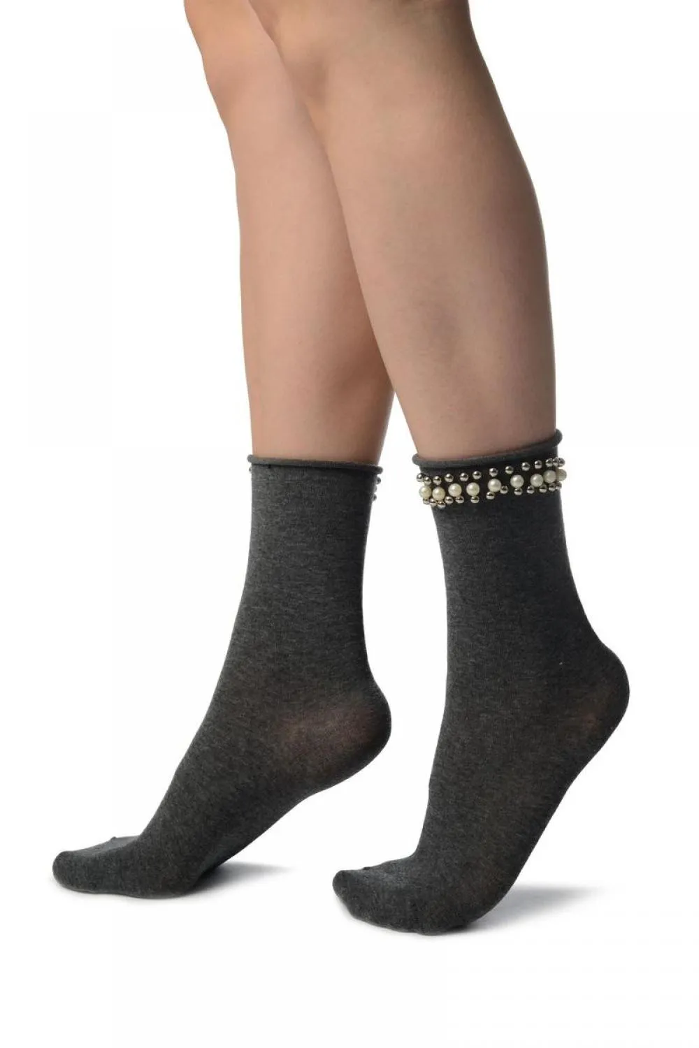 Grey With Pearls and Silver Beads Stripe Ankle High Socks