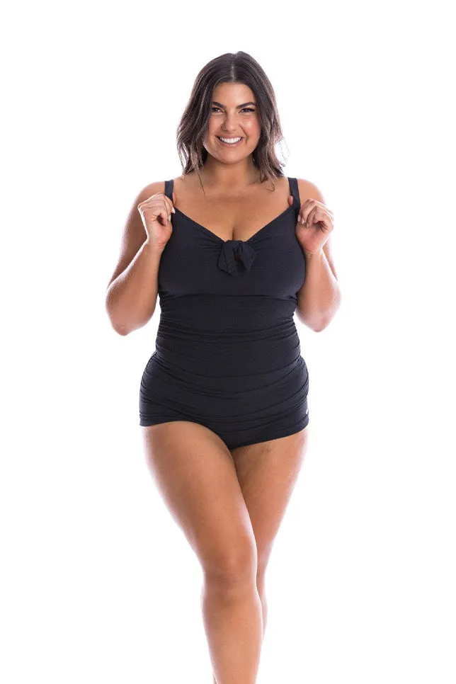Honey Comb Black Boyleg Bow One Piece