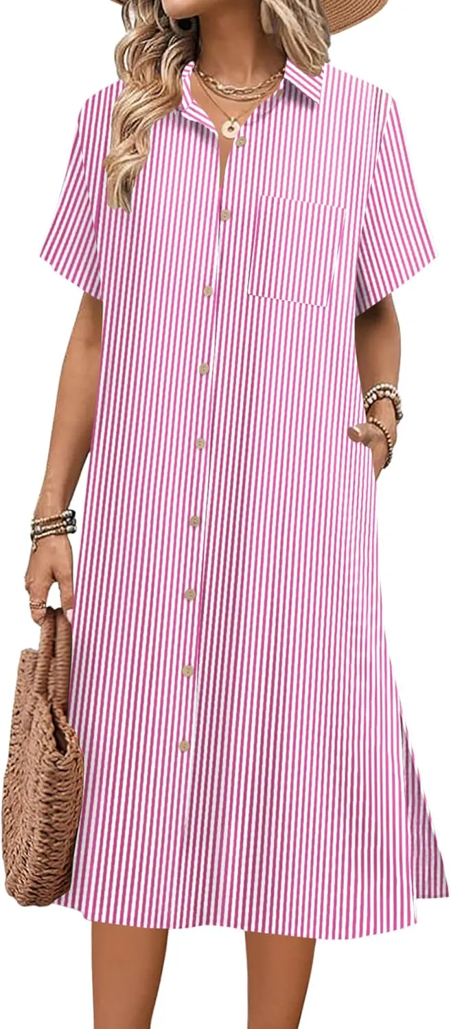 HOTOUCH Womens Dress Summer Casual Midi Short Sleeve Button Down Shirt Dresses Loose Beach Cover Up with Pockets