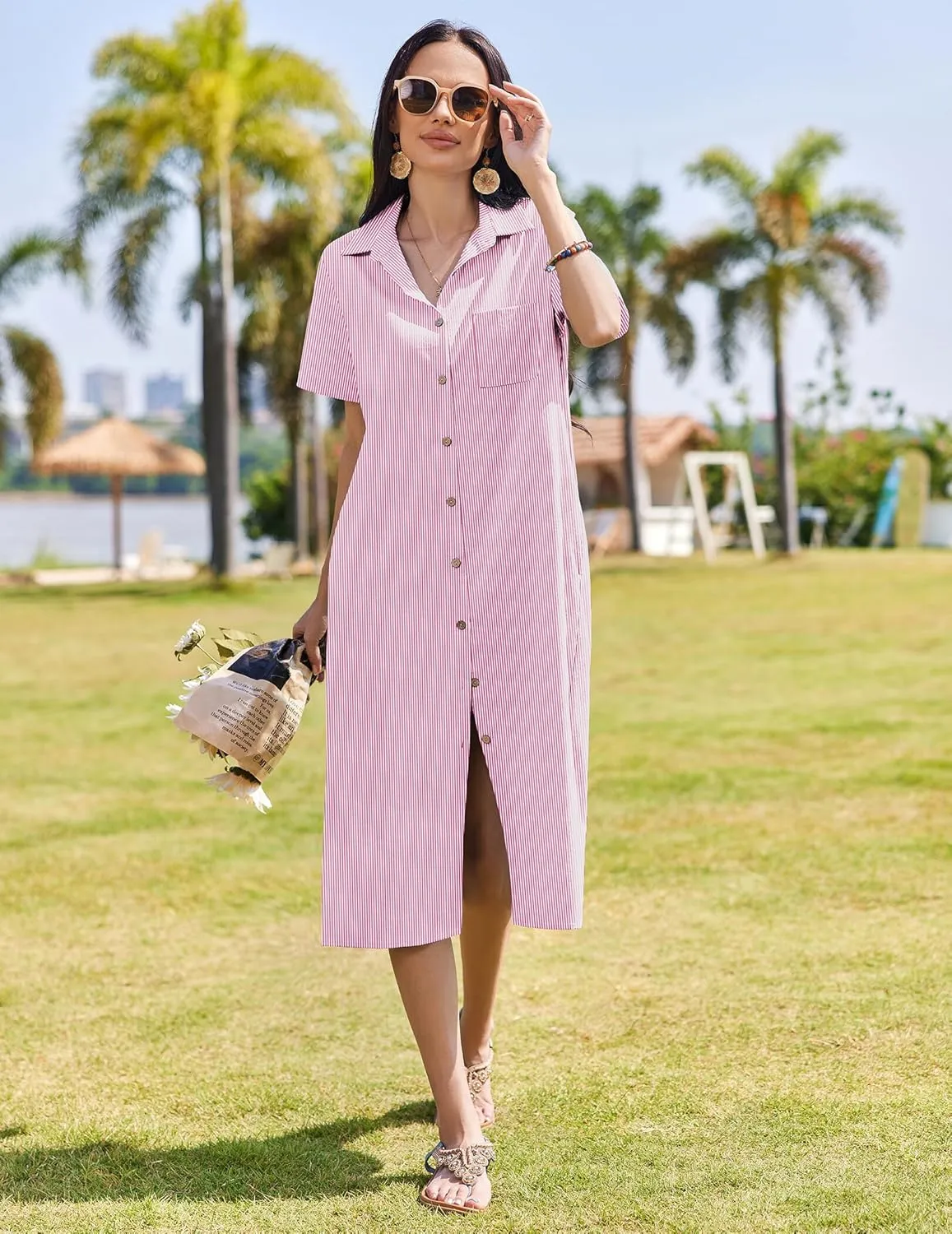 HOTOUCH Womens Dress Summer Casual Midi Short Sleeve Button Down Shirt Dresses Loose Beach Cover Up with Pockets