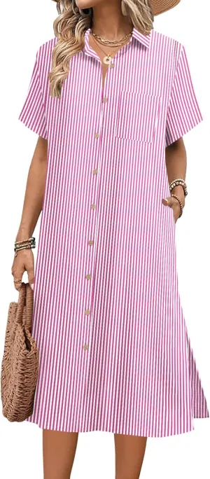 HOTOUCH Womens Dress Summer Casual Midi Short Sleeve Button Down Shirt Dresses Loose Beach Cover Up with Pockets