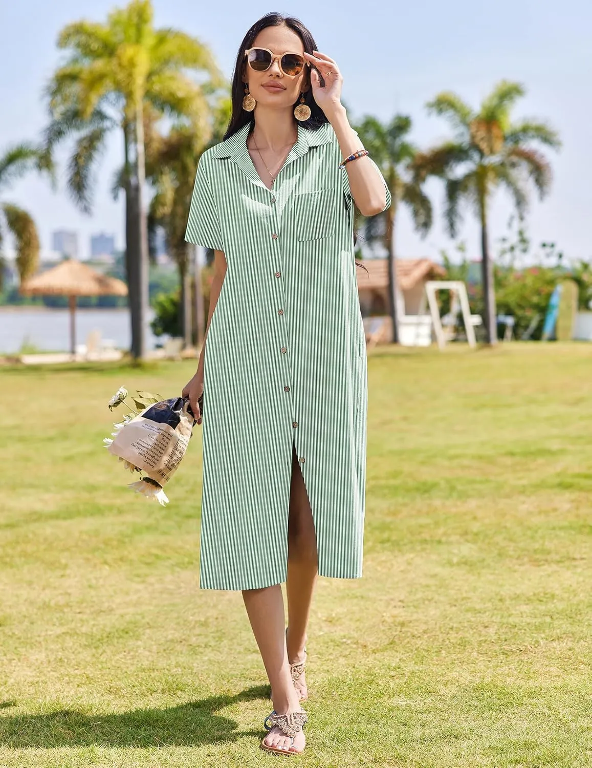 HOTOUCH Womens Dress Summer Casual Midi Short Sleeve Button Down Shirt Dresses Loose Beach Cover Up with Pockets