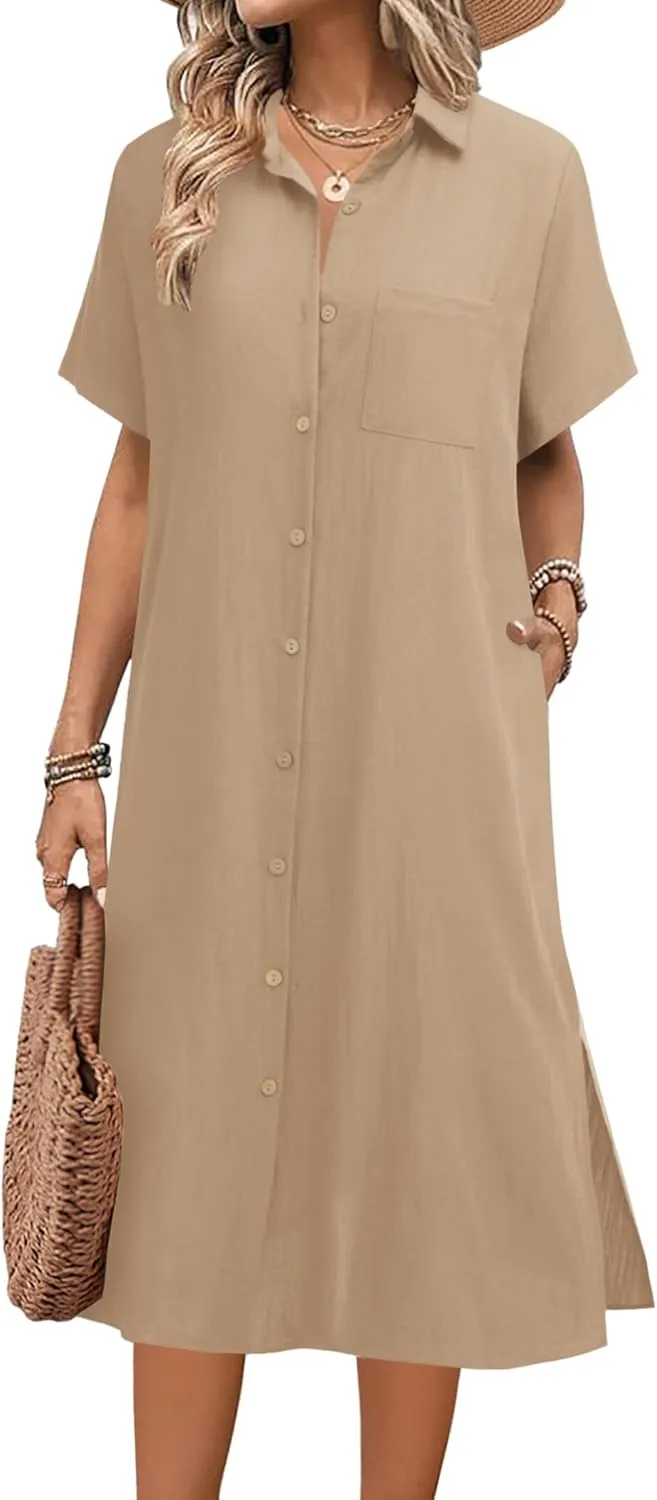 HOTOUCH Womens Shirts Dress 2025 Summer Loose Button Down Midi Dresses Short Sleeve Collar Lapel Dress Beige